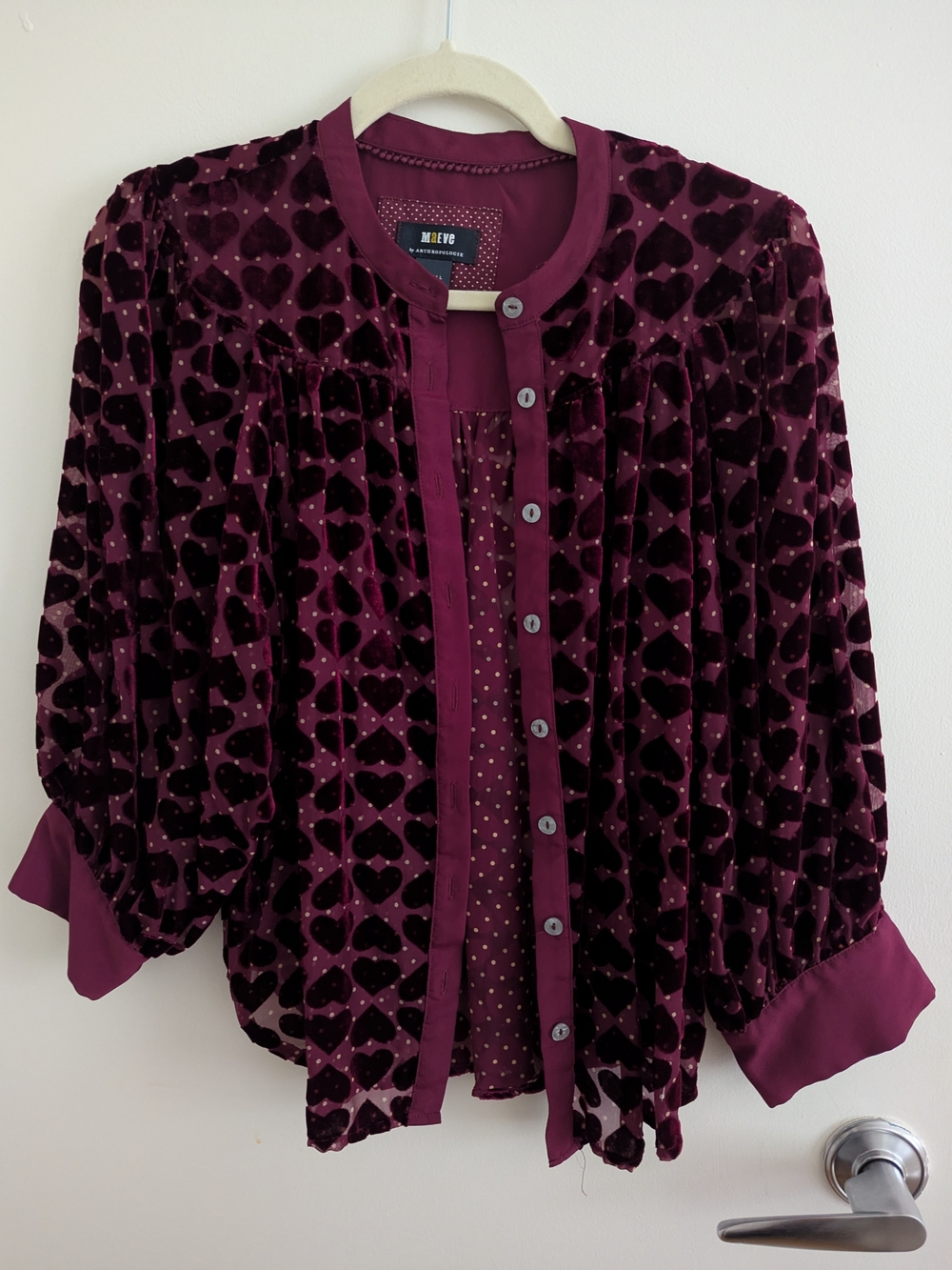 MAEVE Women's Velvet Heart-Print Button-Front Top - Deep Plum